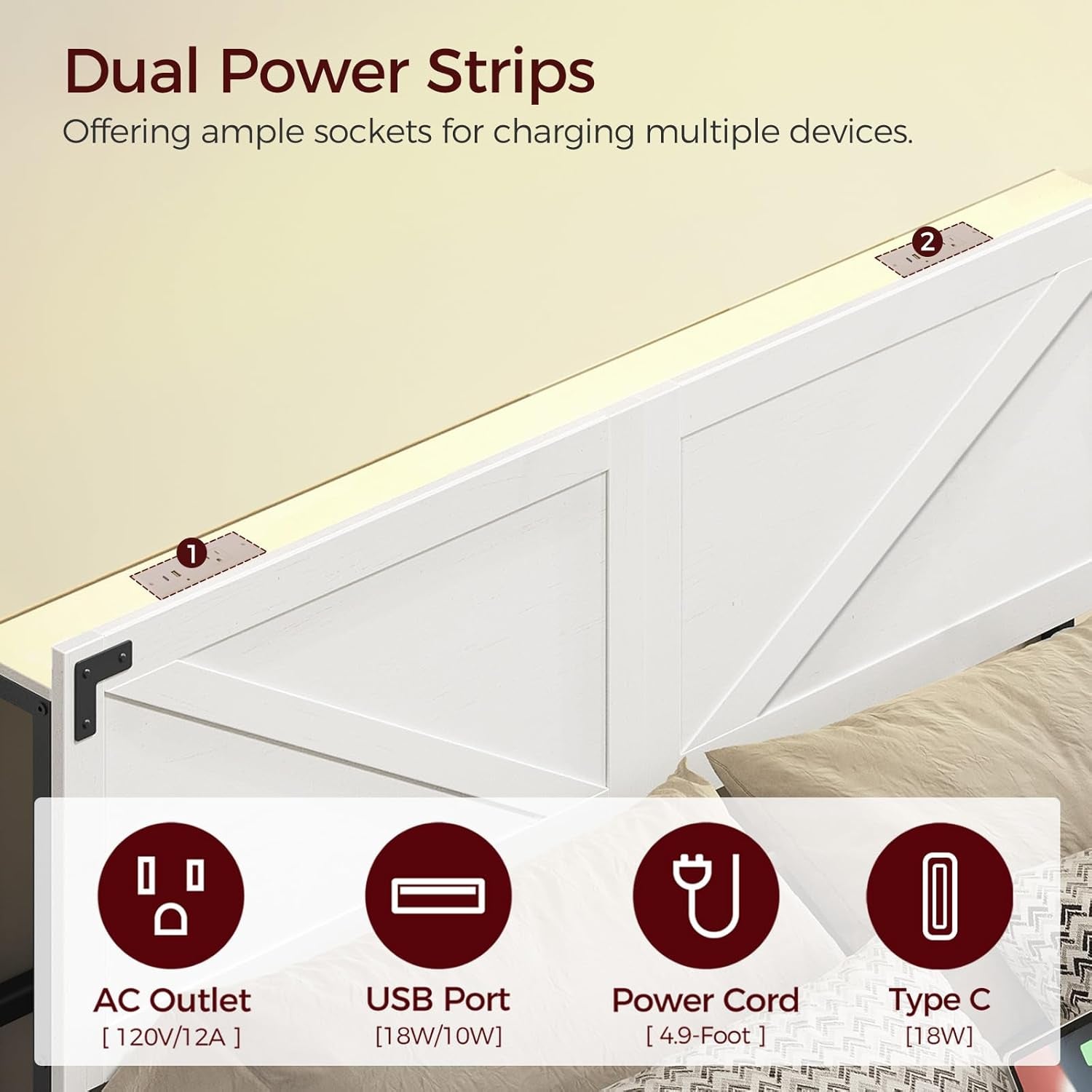 Queen Size Headboard Only, Headboard with 2 Outlets and 2 USB Ports, Farmhouse Headboard, with LED Lights, Secure Storage with Raised Fence, with Bed Frame Adapter, White and Black