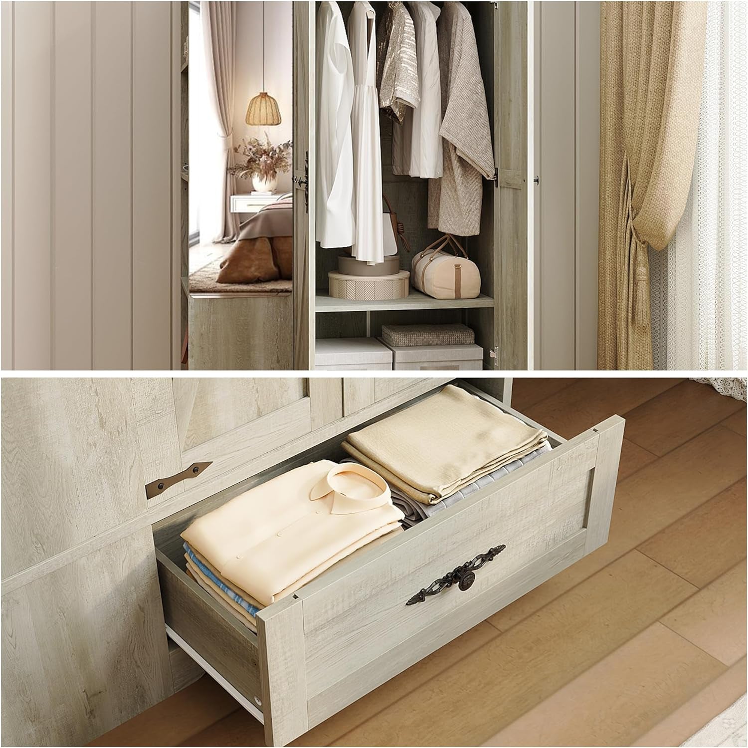 Armoire Wardrobe Closet with Mirror, 70" H Wooden Bedroom Armoires and Wardrobes with 2 Doors, 5 Shelves，Hooks and Drawer, Clothing Storage Cabinet with Hanging Rod, Rustic Maple