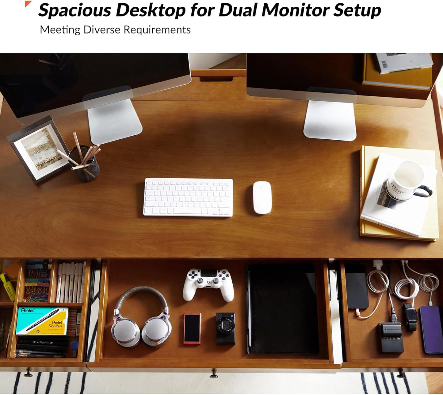 Home Office Desk with 3 Drawers & Solid Wood Legs, Writing Table with Charging Station & Cable Management, Mid Century Modern Desk for Bedroom/Living Room/Study/Workstation, Walnut