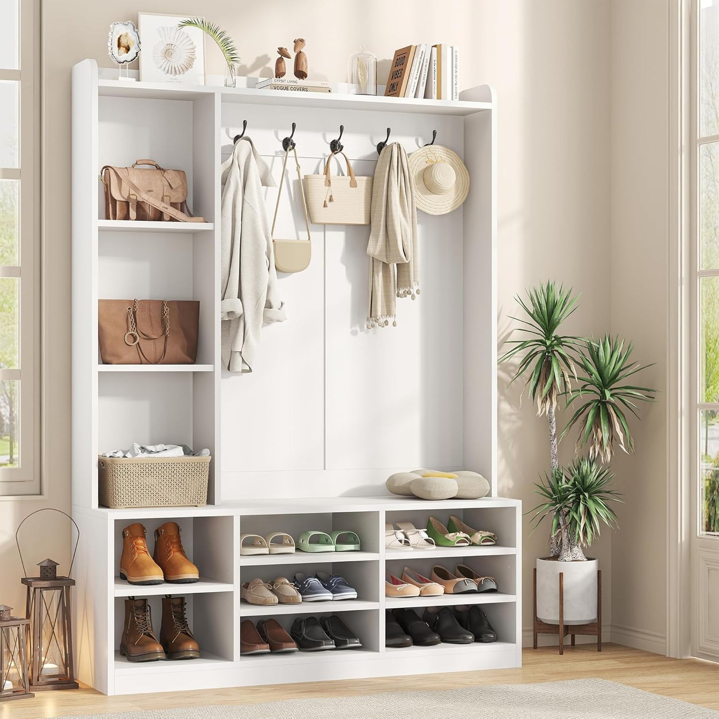 Hall Tree with Bench and Shoe Storage, 5-In-1 Entryway Storage Bench, Shoe Rack with Coat Rack, 8 Shoe Cubbies & 5 Coat Hooks, Adjustable Shelf, White