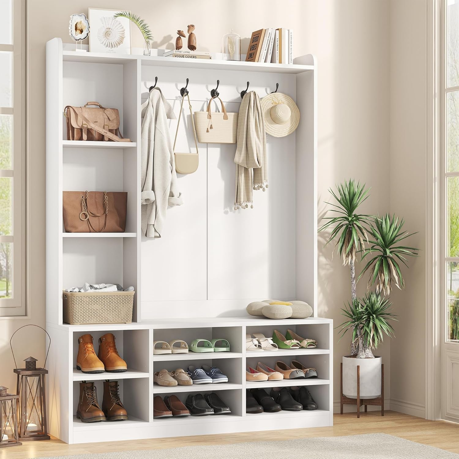 Hall Tree with Bench and Shoe Storage, 5-In-1 Entryway Storage Bench, Shoe Rack with Coat Rack, 8 Shoe Cubbies & 5 Coat Hooks, Adjustable Shelf, White