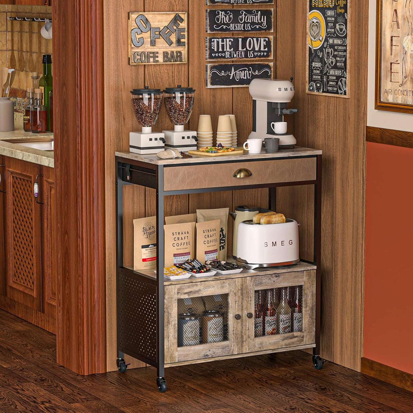 Large Coffee Bar Cabinet，3 Tiers Kitchen Coffee Cart with Drawer for the Home, Movable Farmhouse Station Table on Wheels for Living Room, Entryway, Dining Room, Kitchen