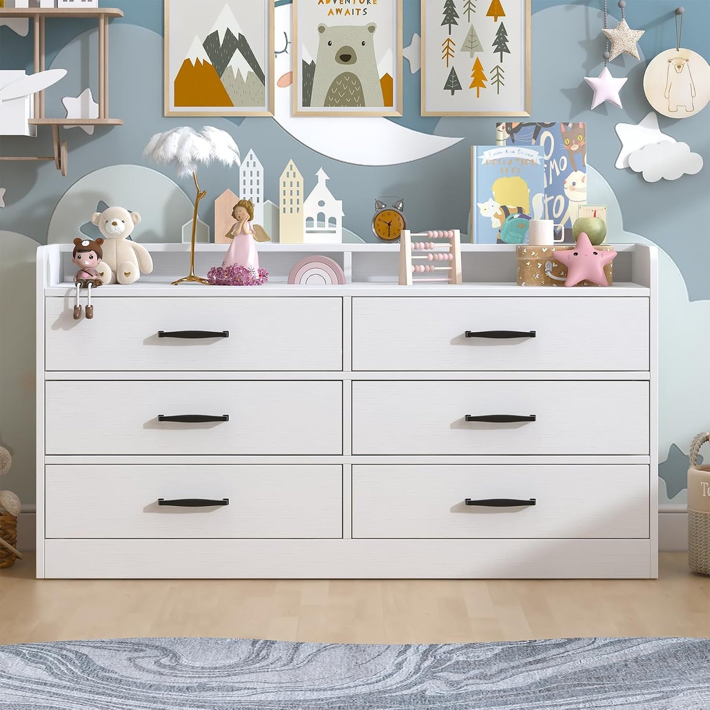 Dresser for Kids Bedroom, Kids Dresser with 6 Deep Drawers for Playroom, Wooden Storage Cabinet with Metal Handles & Anti-Dropping Fence for Toys/Clothes/Books, 15.8" D X 47.2" W X 25.2" H
