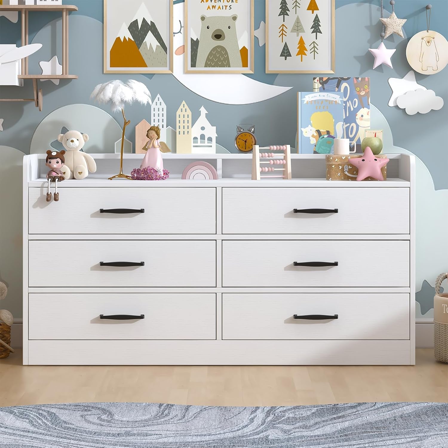 Dresser for Kids Bedroom, Kids Dresser with 6 Deep Drawers for Playroom, Wooden Storage Cabinet with Metal Handles & Anti-Dropping Fence for Toys/Clothes/Books, 15.8" D X 47.2" W X 25.2" H
