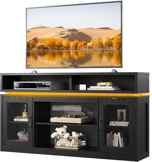 Farmhouse TV Stand for 65 Inch TV, Tall Entertainment Center with Storage Cabinets, Media Console TV Cabinet with LED for Living Room and Bedroom, Black