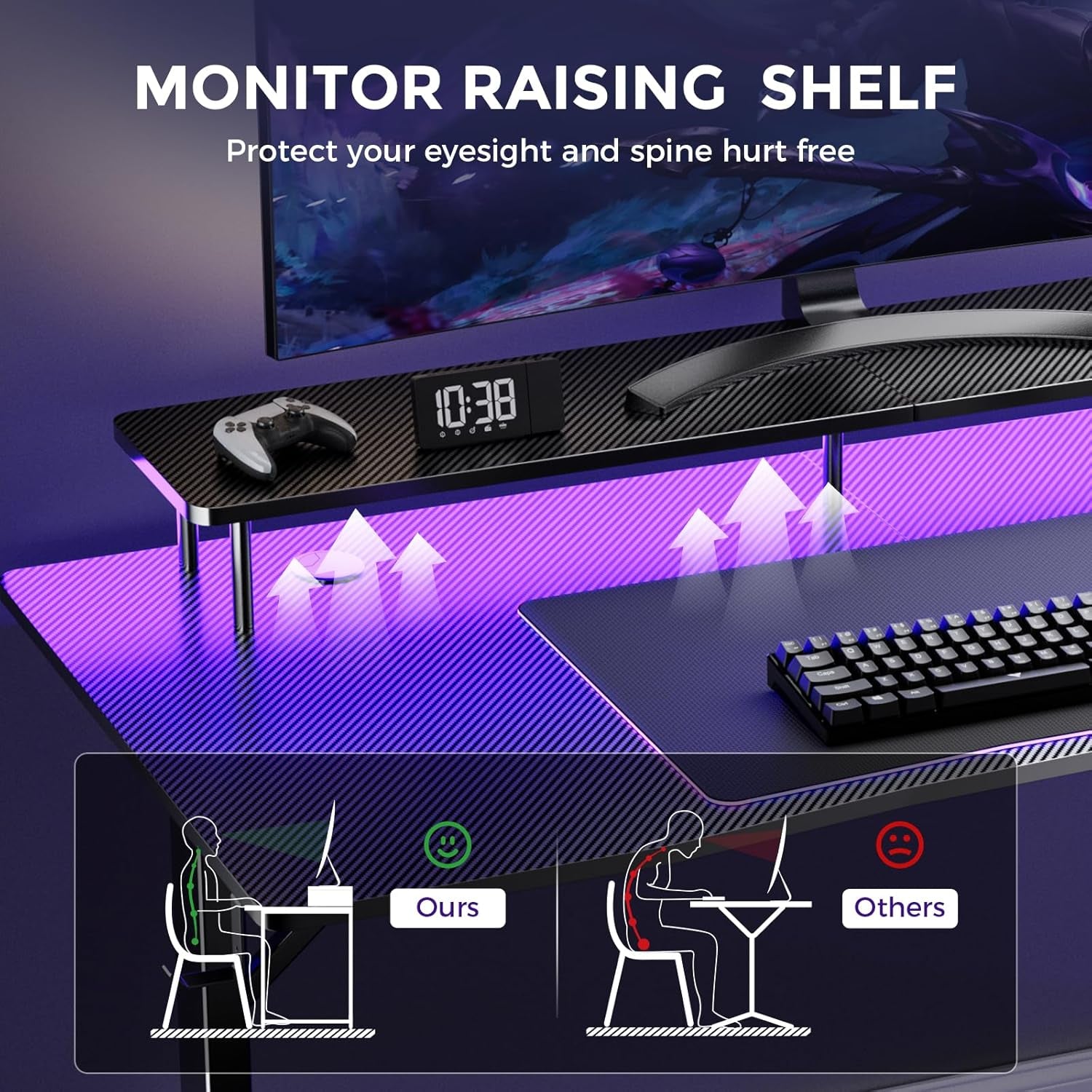 55 Inch Gaming Desk with LED Lights & Power Outlet, Computer Gamer Desk with Monitor Stand, Ergonomic Carbon Fiber Gaming Table Home Office Desk with Headphone Hook & Mouse Pad