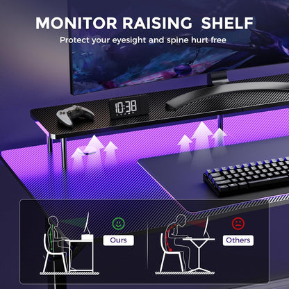 55 Inch Gaming Desk with LED Lights & Power Outlet, Computer Gamer Desk with Monitor Stand, Ergonomic Carbon Fiber Gaming Table Home Office Desk with Headphone Hook & Mouse Pad