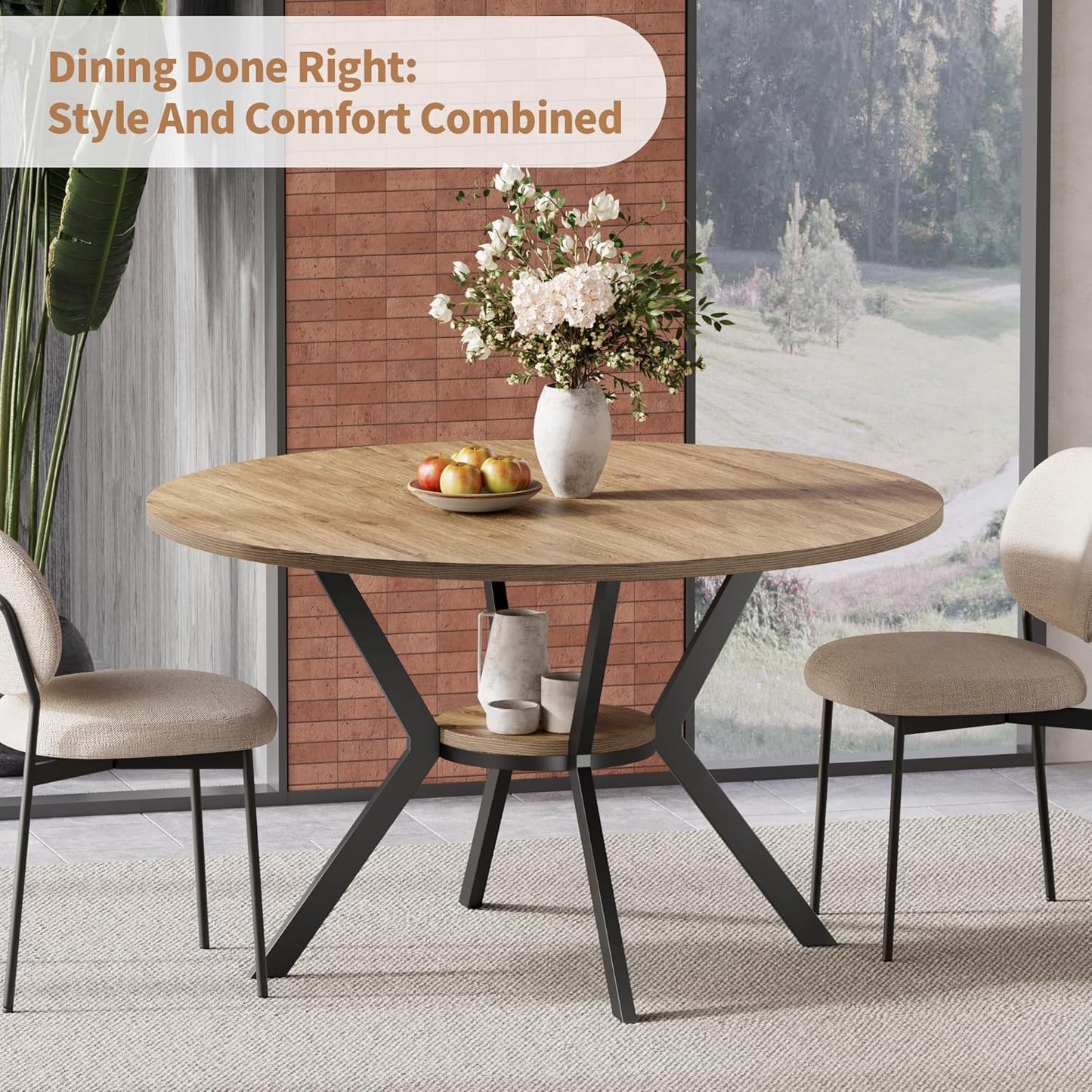 42 Inch round Dining Table for 2–4, Farmhouse round Kitchen Table with Storage Shelf, Pedestal Dining Table, Wood Top & Metal Base, Small Space Table for Apartment, Dining Room