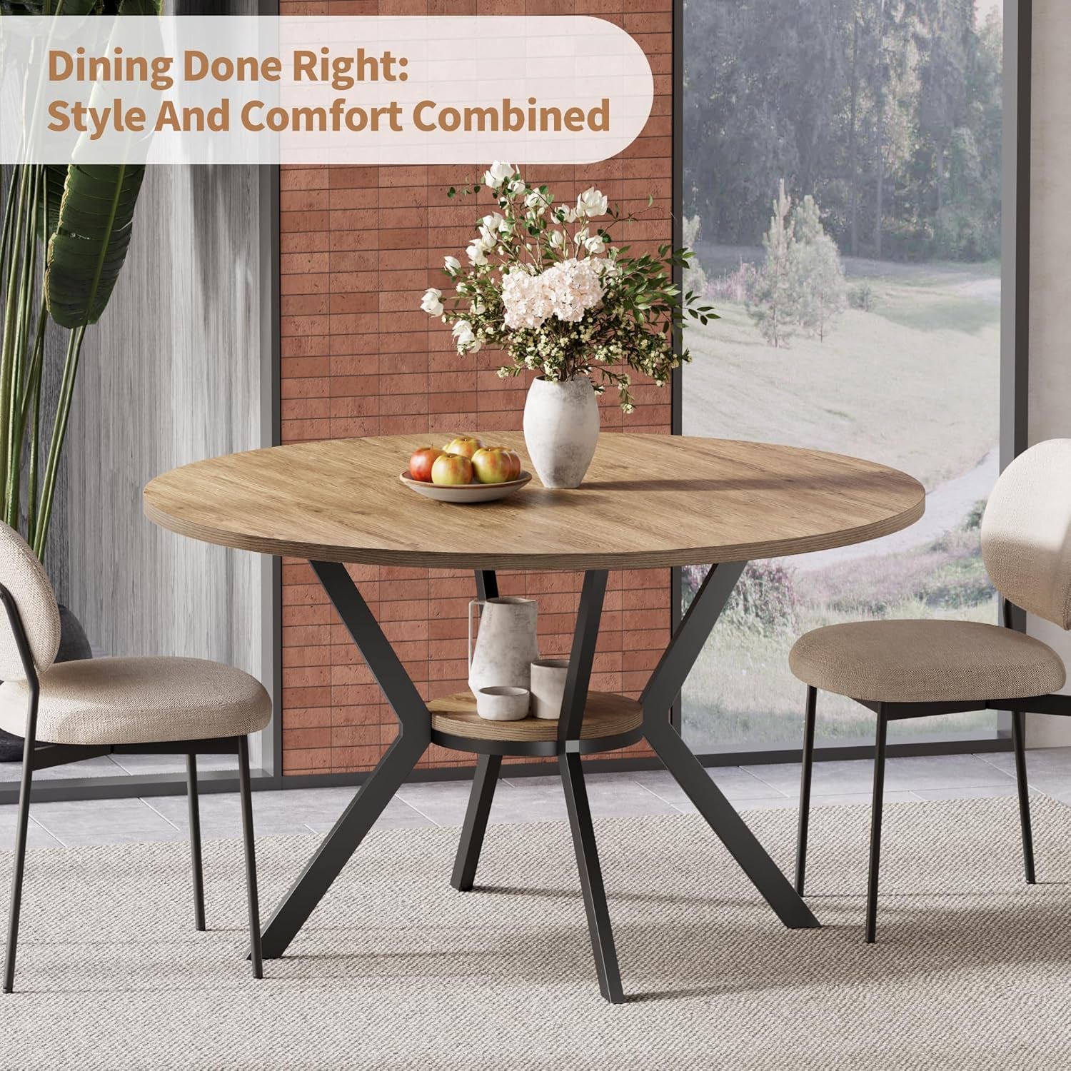 42 Inch round Dining Table for 2–4, Farmhouse round Kitchen Table with Storage Shelf, Pedestal Dining Table, Wood Top & Metal Base, Small Space Table for Apartment, Dining Room