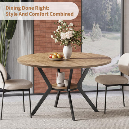 42 Inch round Dining Table for 2–4, Farmhouse round Kitchen Table with Storage Shelf, Pedestal Dining Table, Wood Top & Metal Base, Small Space Table for Apartment, Dining Room