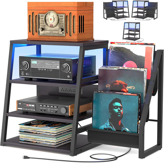 AV Media Stand with Outlets, Stereo Stands and Racks with Vinyl Storage, Stereo Stand with Record Storage, Audio Stereo Rack Cabinet, Turntable Console Stand with LED Lights, 4 Tiers, Black Ebony