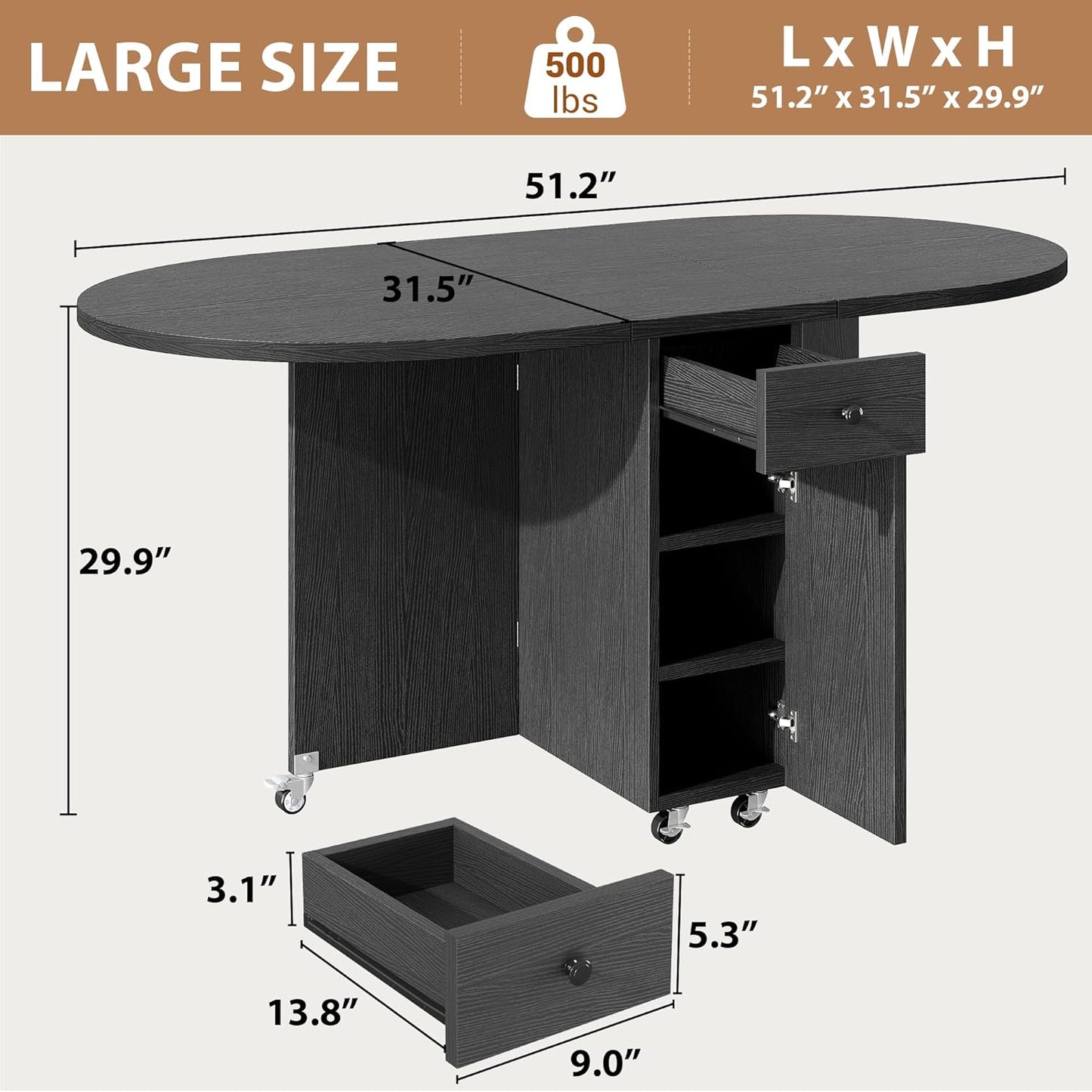 Folding Dining Table for 4 -Foldable Kitchen Dinner Drop Leaf Gateleg Convertible Tables with Storage Drawer and Shelf for Small Spaces Space Saving Kithen Dining Room Furniture (Black, 51*31.5*30)