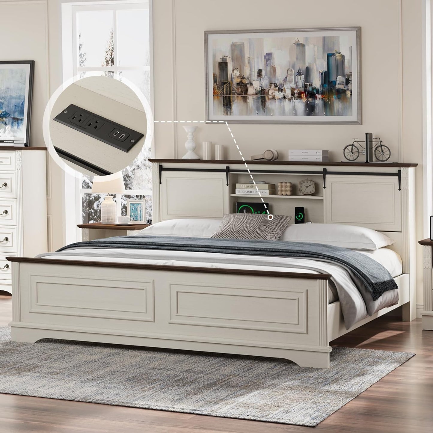 Farmhouse King Size Bed Frame with Storage Headboard, Charging Station, Bracket Footboard, Antique White Bed Frame with Bookcase and Sliding Barn Doors, Noiseless