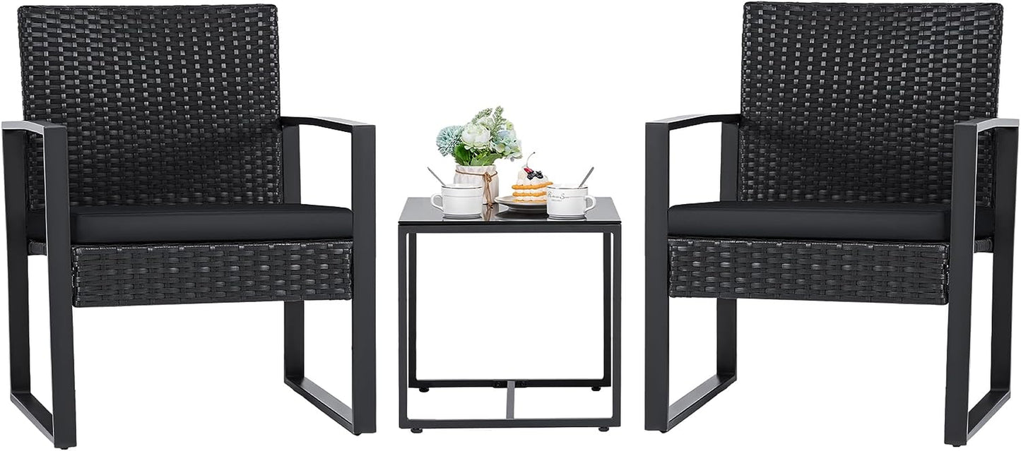 3 Pieces Outdoor Patio Wicker Furniture Set, Modern Rattan Chair Conversation Sets with Coffee Table for Yard and Bistro (Black)