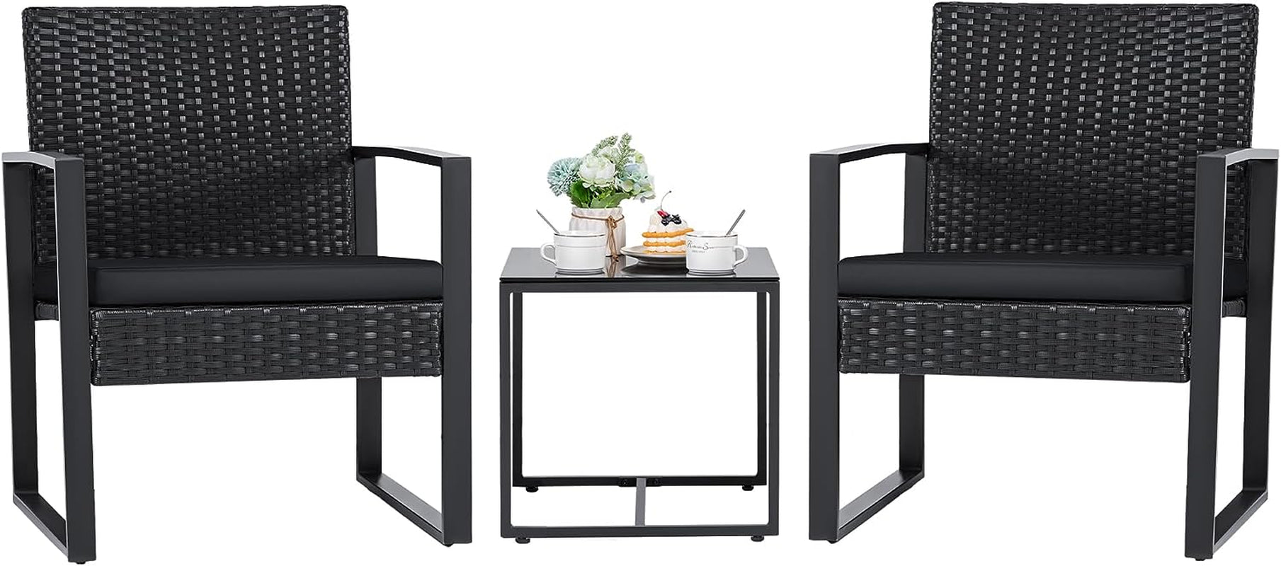 3 Pieces Outdoor Patio Wicker Furniture Set, Modern Rattan Chair Conversation Sets with Coffee Table for Yard and Bistro (Black)