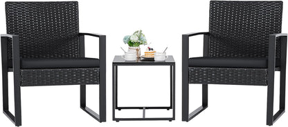 3 Pieces Outdoor Patio Wicker Furniture Set, Modern Rattan Chair Conversation Sets with Coffee Table for Yard and Bistro (Black)