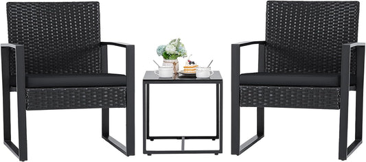 3 Pieces Outdoor Patio Wicker Furniture Set, Modern Rattan Chair Conversation Sets with Coffee Table for Yard and Bistro (Black)