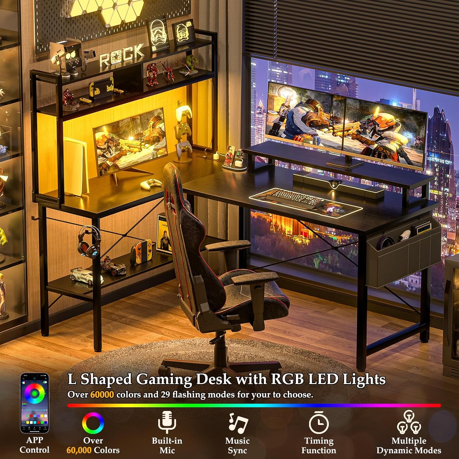 L Shaped Gaming Desk with Power Outlets & LED Lights, Small L- Shaped Desk Computer Corner Desk with Monitor Stand & Storage Shelf, Home Office Desk Writing Desk with Storage Bag, Black
