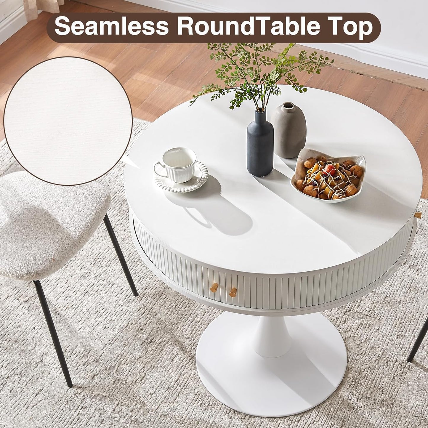 31.5"W round Fluted Pedestal Table for 2 3 4, White Circle Kitchen Dinner Table with Hidden Storage, 31''H Small Tulip Breakfast Desk with Sliding Door, Metal Base for Kitchen, Cafe, Patio, Courtyard