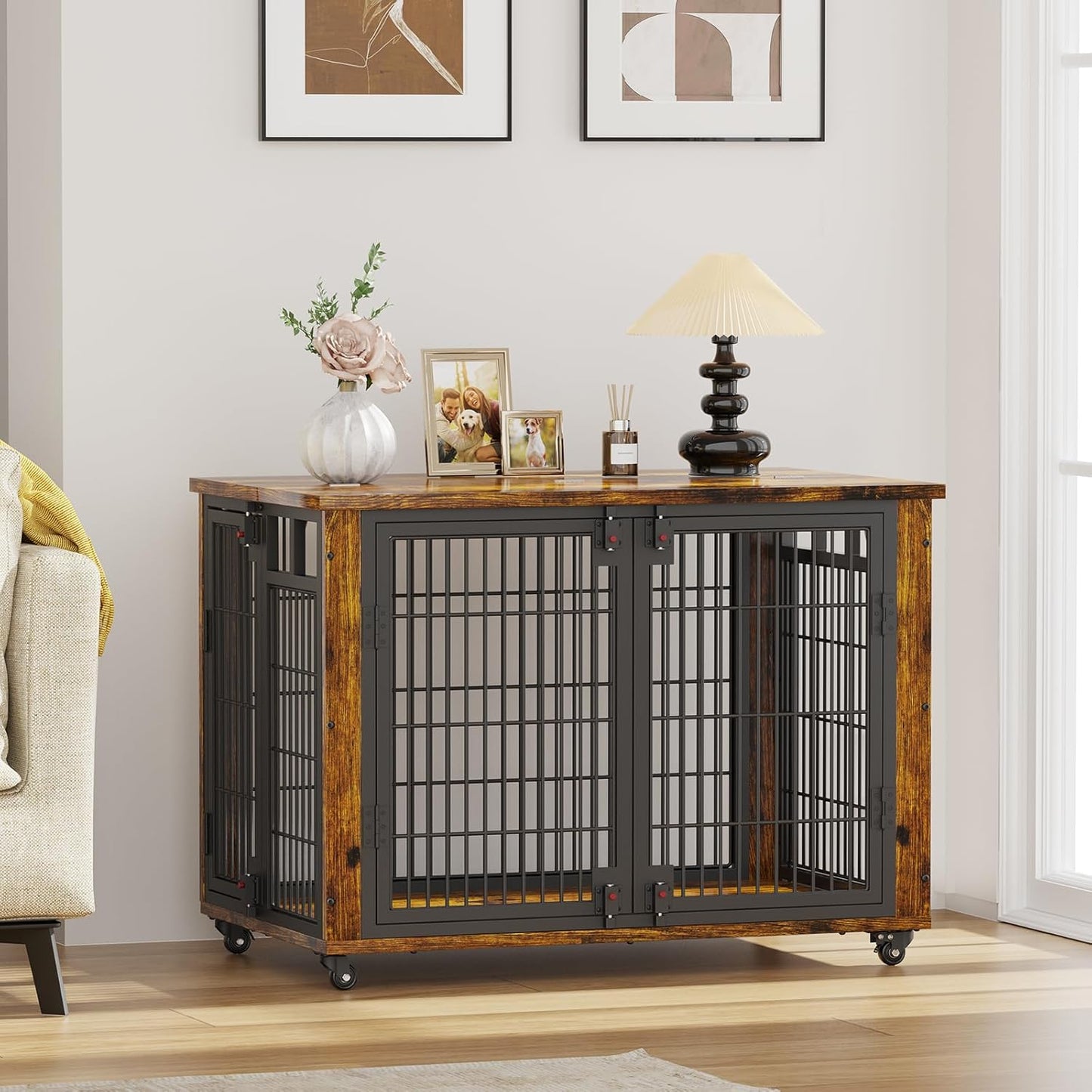 90% Pre-Assembled 41" Moveable XL Dog Crate, Large Dog Crate Furniture with Top-Access Teasing/Feeding Doors, Chew-Resistant Dog Kennel Indoor Furniture for Medium and Large Dogs