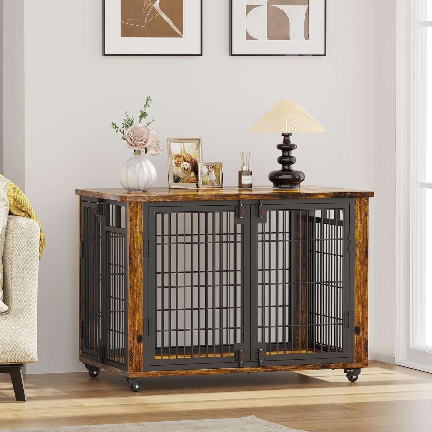 90% Pre-Assembled 41" Moveable XL Dog Crate, Large Dog Crate Furniture with Top-Access Teasing/Feeding Doors, Chew-Resistant Dog Kennel Indoor Furniture for Medium and Large Dogs