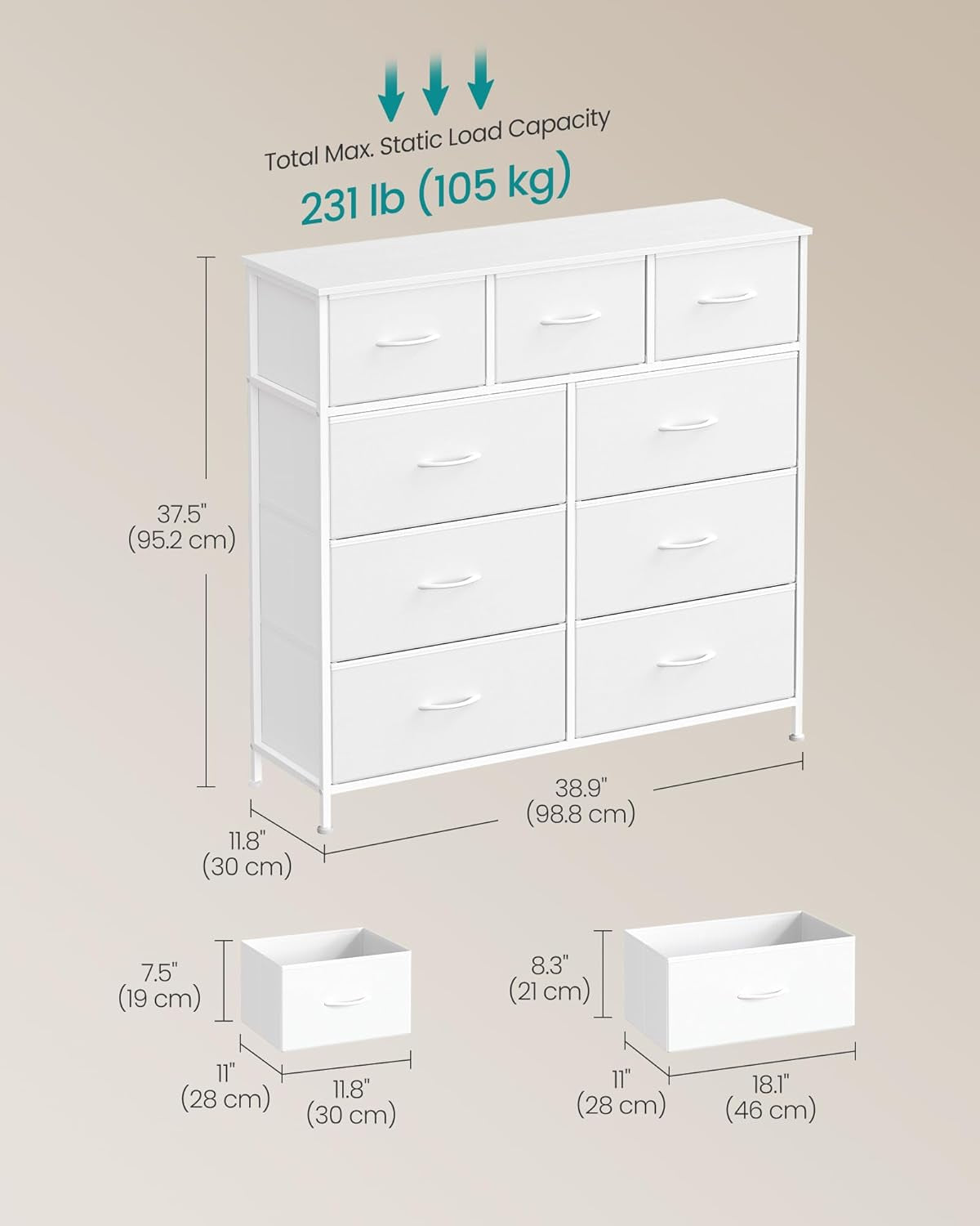 Dresser for Bedroom, Chest of Drawers, Steel, MDF, 9 Non-Woven Fabric Drawers, Storage Organizer Unit, Closet, Entryway, Cloud White and Snow White LGS324W01S