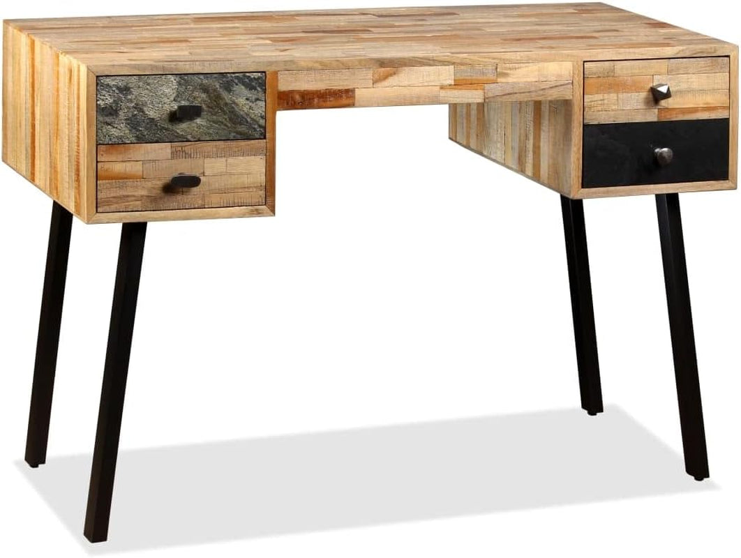 Reclaimed Wood Writing Desk, 43.3 Inch Teak & Steel Computer Table, Modern Home Office Study Furniture with 4 Drawers, Lacquered Finish, 19.7" D X 29.9" H