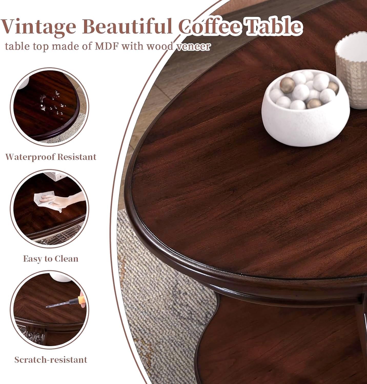 Wood Coffee Table Set with Storage Shelf Oval Coffee Tables and round Side Table for Living Room Farmhouse, Antique Elegant Carved Legs, Easy Assembly, Cherry