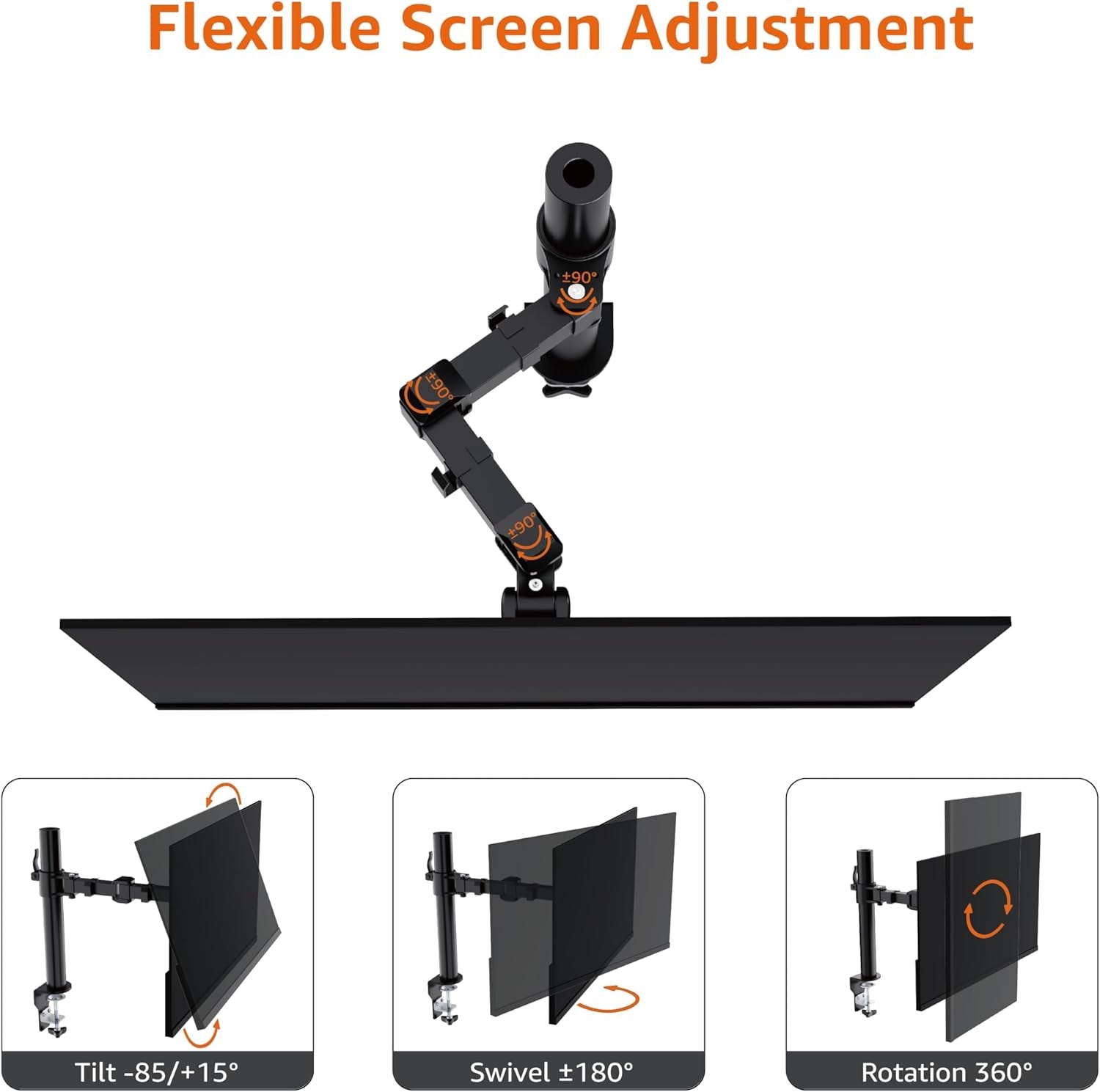 Single Computer Monitor Stand with Tilt and Rotation, Height Adjustable VESA Desk Arm Mount, Steel, 30 Inches, Black