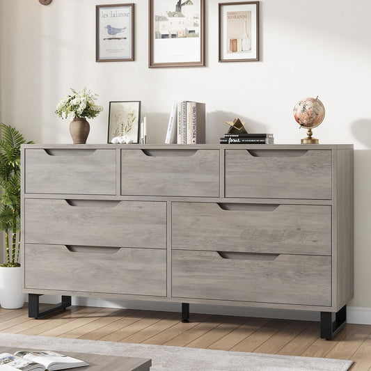 7 Dresser for Bedroom, 55" Wide Dresser, Freestanding Horizontal Drawer with Storage, Wooden Closet Chest Storage for Living Room, Hallway, Entryway, Ash Grey