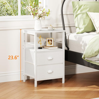 Nightstands Set of 2, End Table with 2 Fabric Drawers, Night Stand with 2 Hooks, Open Wood Shelf Bedside Table for Bedroom/Living Room/White