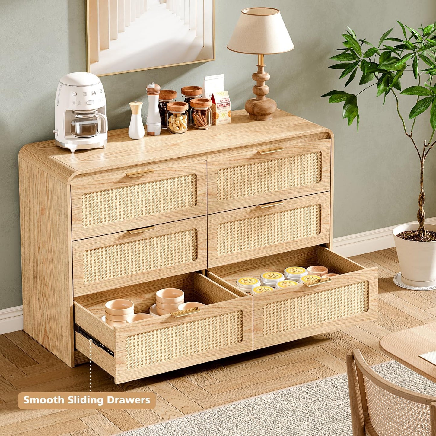 Mid Century Modern Dresser,Rattan 6 Drawers Dresser for Bedroom, 47" Wide Wood Dressers & Chests of Drawers/Curved Profile Design, Natural Texture for Bedroom, Living Room, Natural