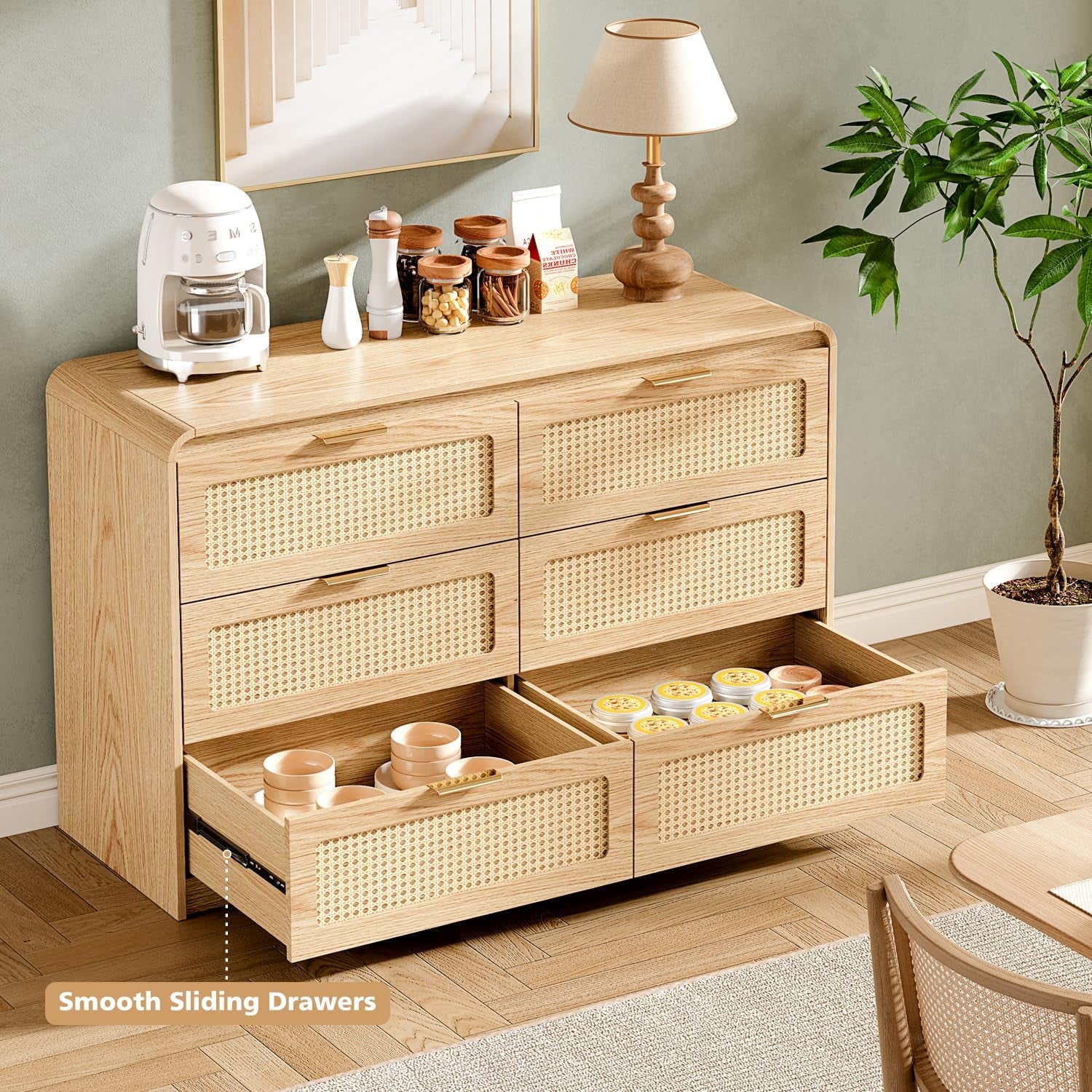 Mid Century Modern Dresser,Rattan 6 Drawers Dresser for Bedroom, 47" Wide Wood Dressers & Chests of Drawers/Curved Profile Design, Natural Texture for Bedroom, Living Room, Natural