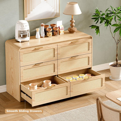 Mid Century Modern Dresser,Rattan 6 Drawers Dresser for Bedroom, 47" Wide Wood Dressers & Chests of Drawers/Curved Profile Design, Natural Texture for Bedroom, Living Room, Natural