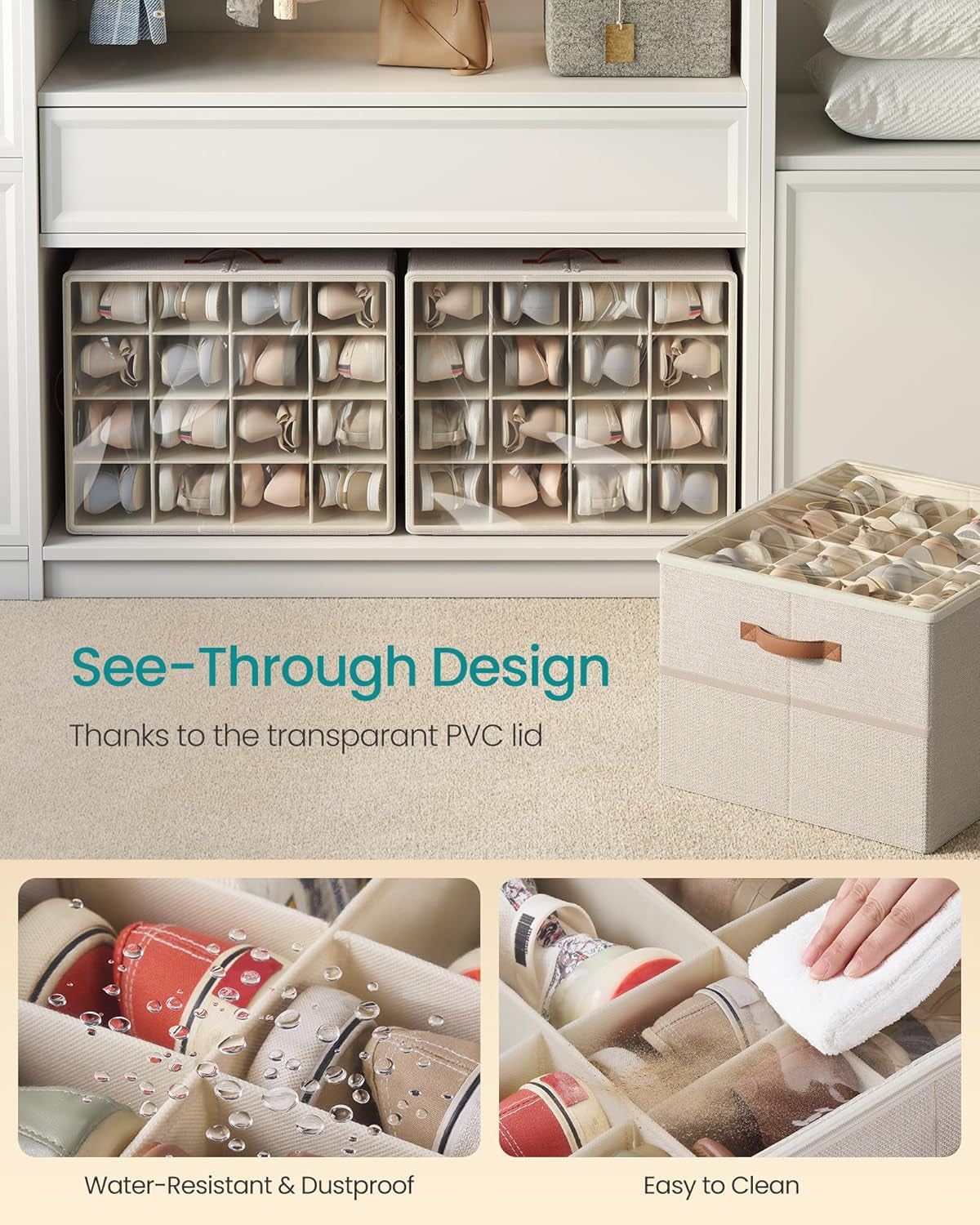 Shoe Organizer for Closet, Shoe Storage Bin, Fits 16 Pairs, Fabric Container with Handles and Clear Cover, Adjustable Dividers, Customizable, Cappuccino Beige ULSP555K01