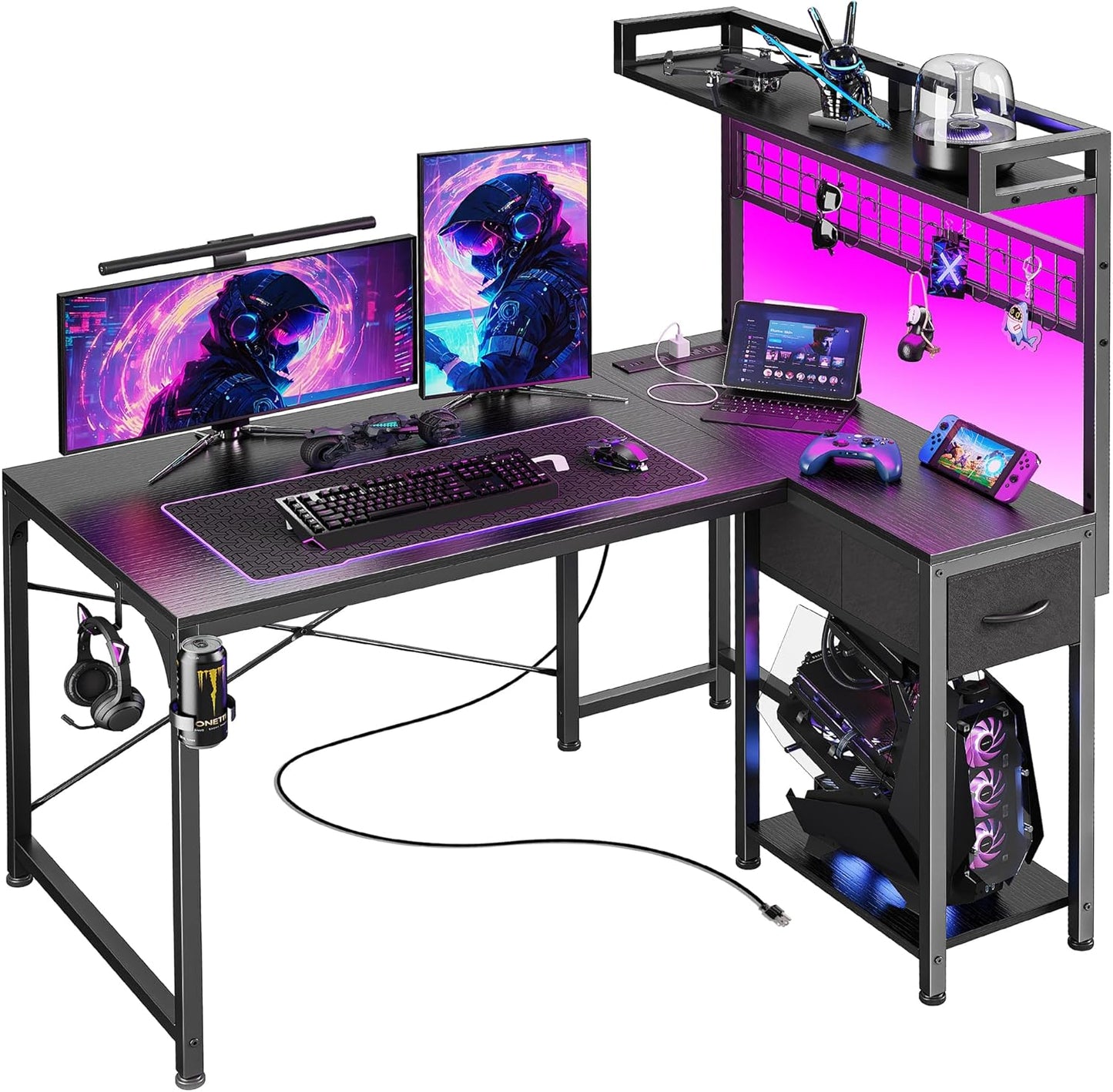 L Shaped Gaming Desk with Shelves, Corner Computer Table with LED Lights, Power Outlets and USB-C Ports, 42 Inch Reversible Home Office Desk with Storage Drawer, for Work and Study, Black