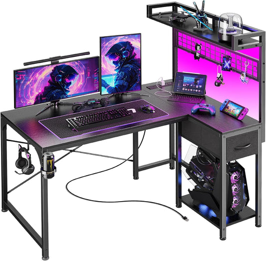 L Shaped Gaming Desk with Shelves, Corner Computer Table with LED Lights, Power Outlets and USB-C Ports, 42 Inch Reversible Home Office Desk with Storage Drawer, for Work and Study, Black