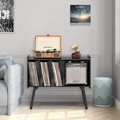 Record Player Stand with 4 Cabinet Holds up to 220 Albums, Large Black Turntable Stand with Beech Wood Legs, Mid-Century Record Player Table, Vinyl Holder Storage Shelf for Bedroom Living Room