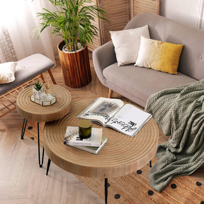 Farmhouse round Coffee Table Set of 2, Cocktail Table Set, Modern Circle Natural Wood Finsh Side and End Table Sets for Living Room(Helical, Natural)