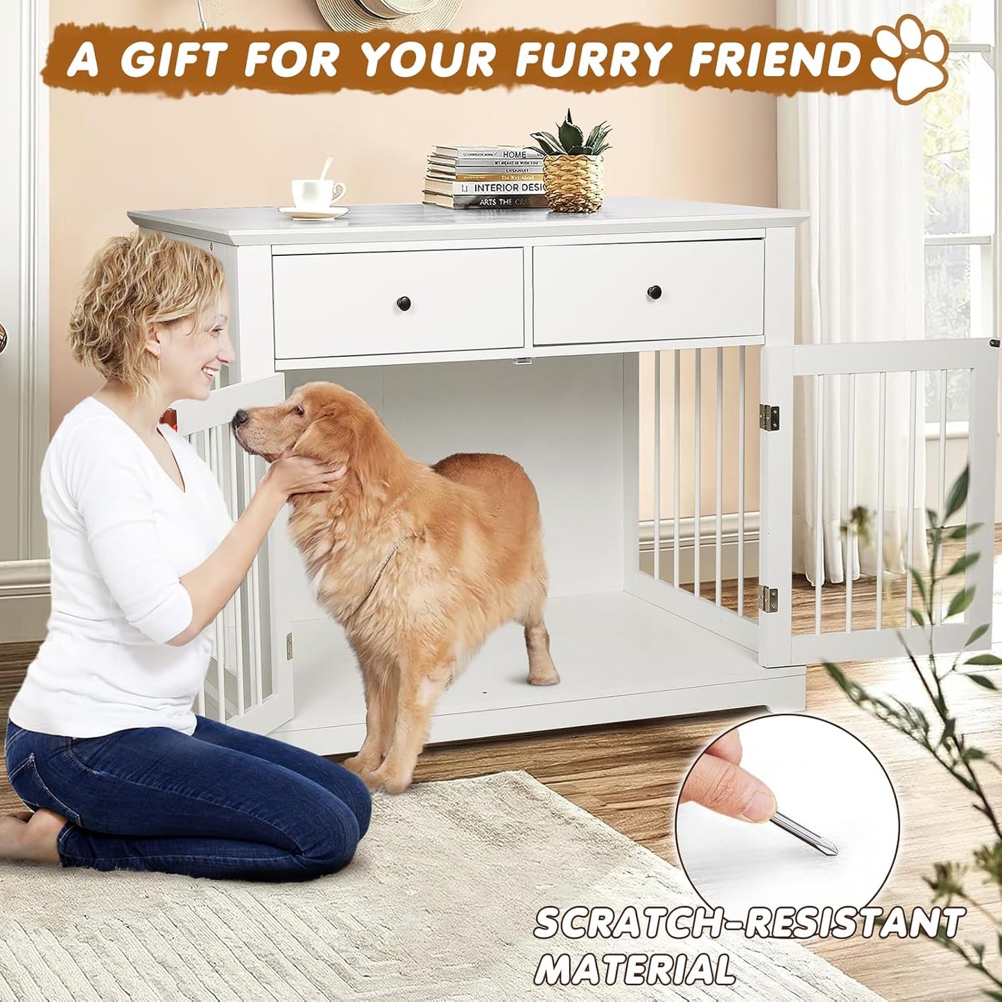 44Inch Dog Crate Furniture with Drawers,Wooden Dog Kennel Furniture for Large Breed,End Table Wood Dog House for Indoor Use (Grey)