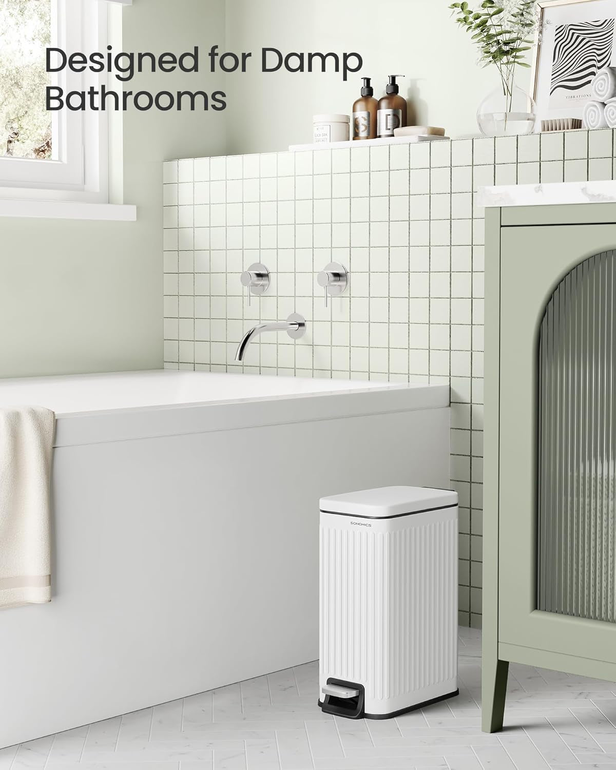 Bathroom Trash Can, 1.6-Gallon (6 L) Trash Bin with Lid, Slim for Small Spaces, Stainless Steel Garbage Can, Soft Close, White ULTB563W02