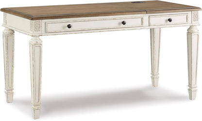 Realyn Home Office Lift Top Desk, USB Charging, Spring Lift Top, Smooth-Gliding Drawer, 60" W X 28" D X 31" H, Chipped White and Brown