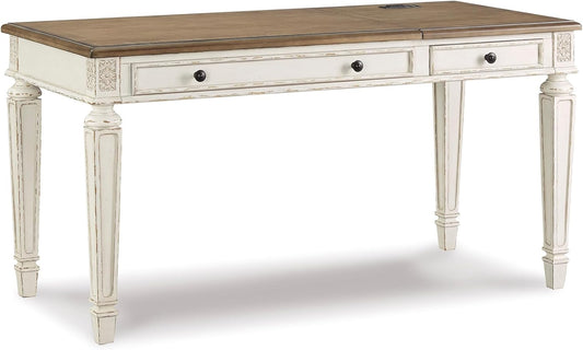 Realyn Home Office Lift Top Desk, USB Charging, Spring Lift Top, Smooth-Gliding Drawer, 60" W X 28" D X 31" H, Chipped White and Brown