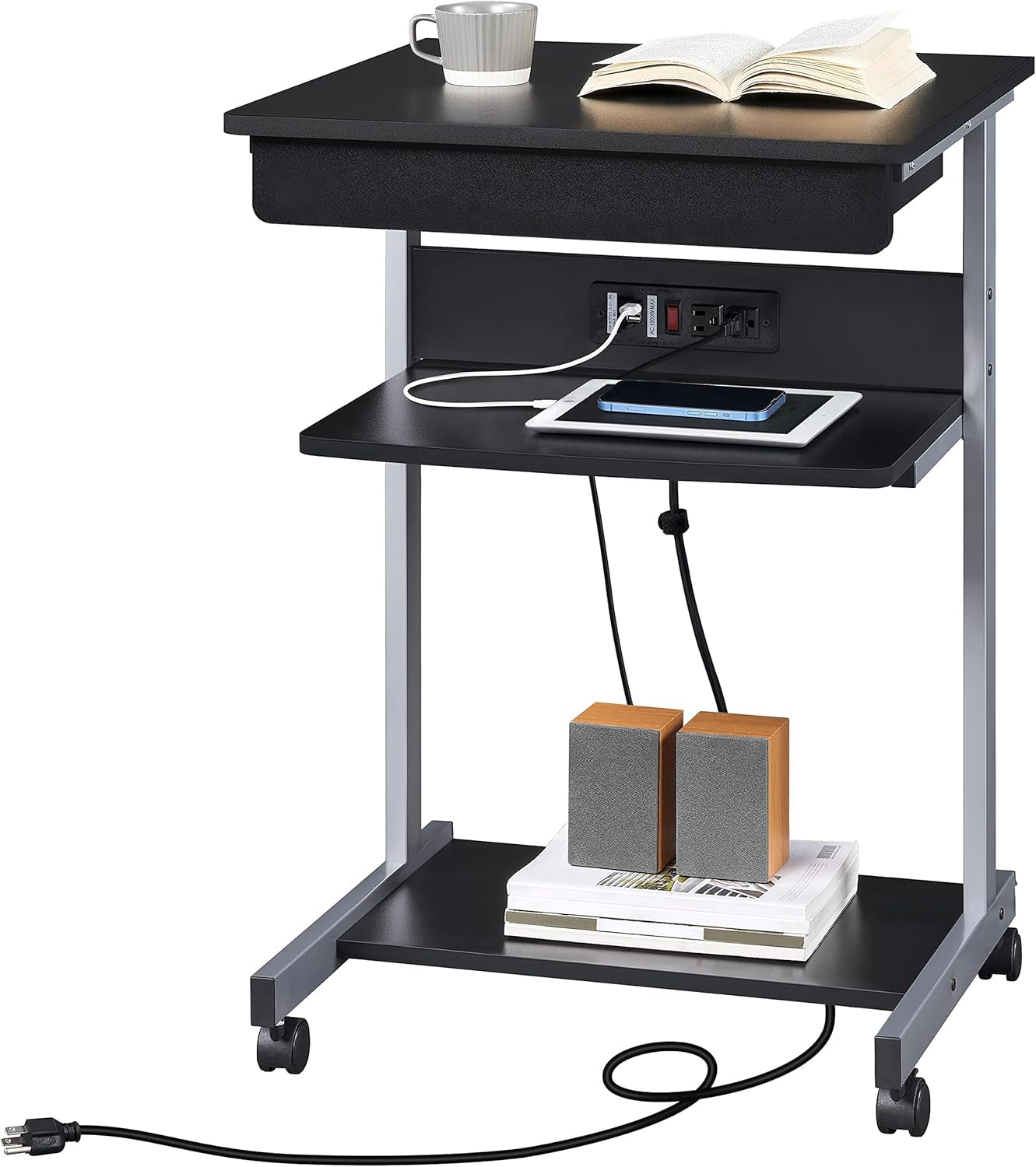 22 in Laptop Computer Table Home Office Desk with Power Outlet for Small Space, Mobile Compact Corner Workstation with Charging Station and USB Ports on Wheels, Student Writing Table, Black