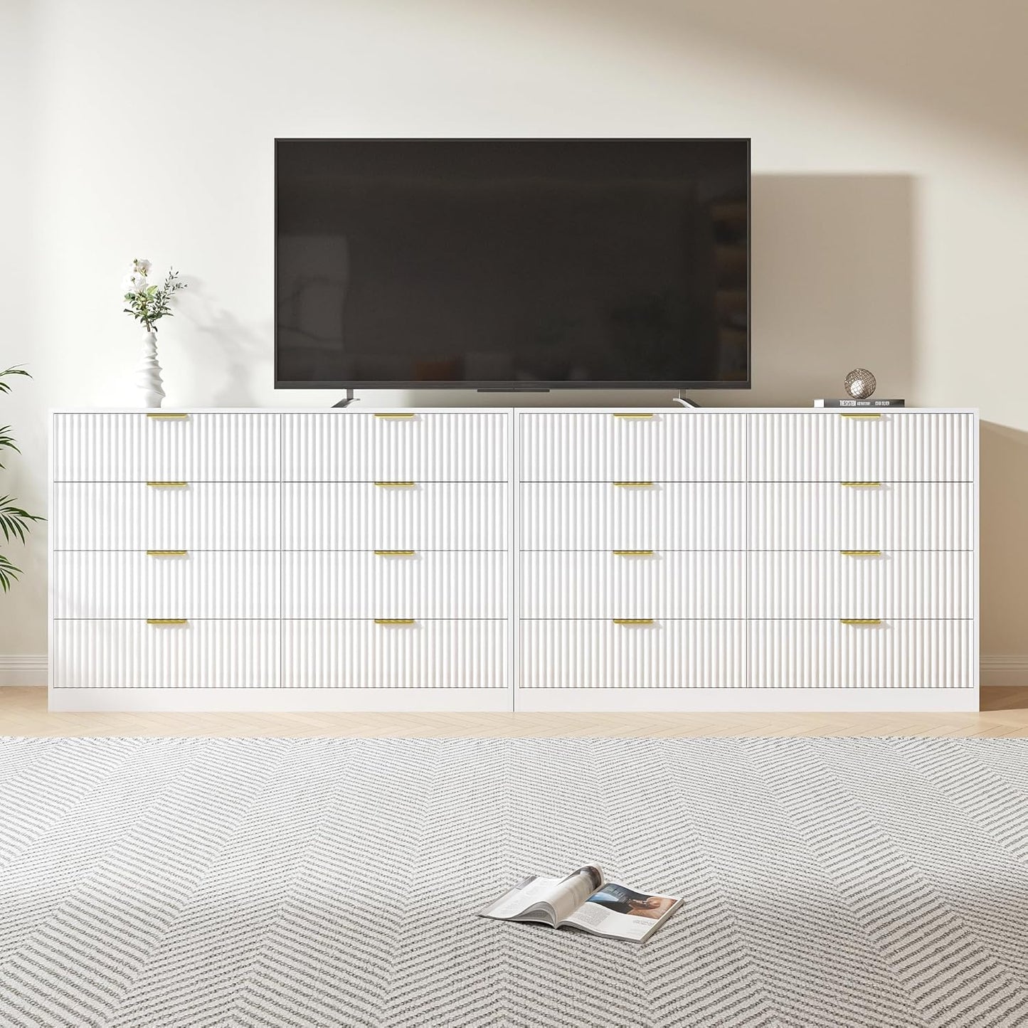 Dresser for Bedroom Set of 2, Fluted 16 Drawers White Dresser Wooden, Modern Bedroom Furniture Set, TV Stand Long Dressers & Chests of Drawers for Closet(15.7" D X 110.2" W X 36" H)