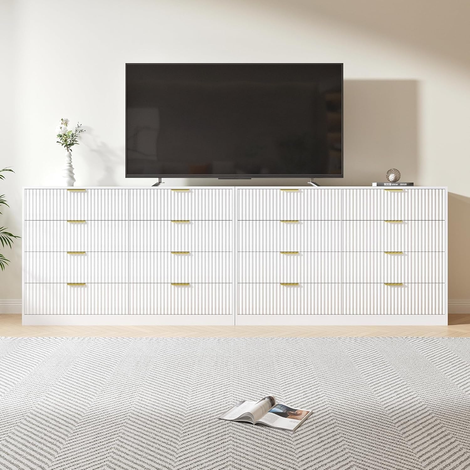Dresser for Bedroom Set of 2, Fluted 16 Drawers White Dresser Wooden, Modern Bedroom Furniture Set, TV Stand Long Dressers & Chests of Drawers for Closet(15.7" D X 110.2" W X 36" H)