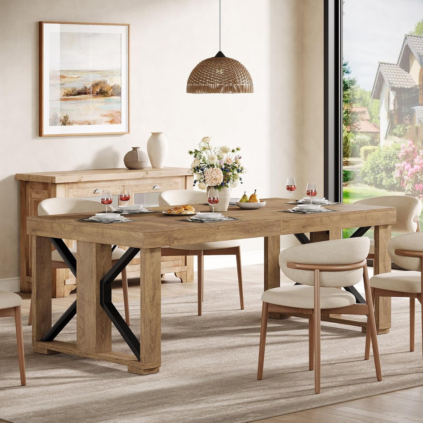 70.87" Rectangular Dining Table for 6-8 People, Farmhouse Wooden Kitchen Dinner Table with Strong Base for Dining Room, Kitchen, Living Room, Brown