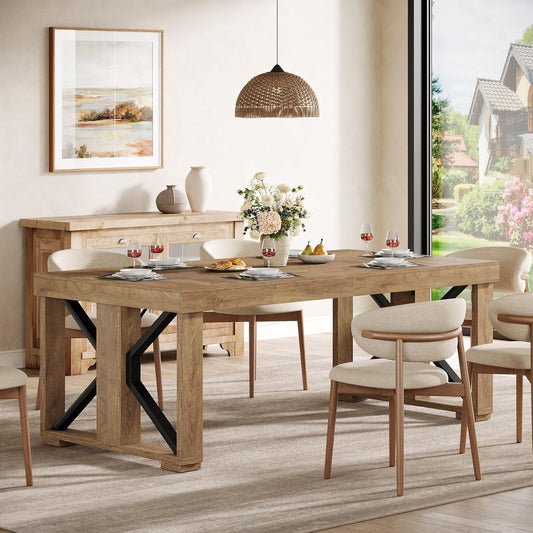70.87" Rectangular Dining Table for 6-8 People, Farmhouse Wooden Kitchen Dinner Table with Strong Base for Dining Room, Kitchen, Living Room, Brown