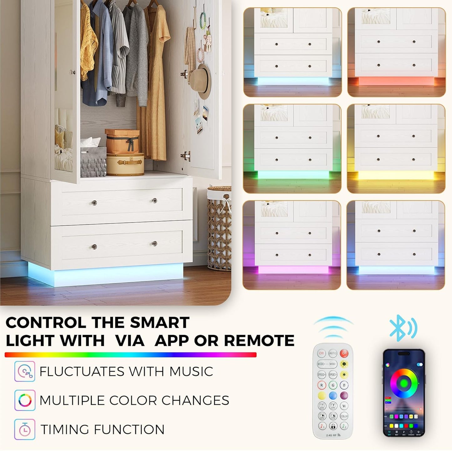 Wardrobe Closet with LED Light & Mirror, Wooden Modern Armoire with 2 Drawers and Hanging Rod, Large Capacity Storage Closet for Bedroom, White