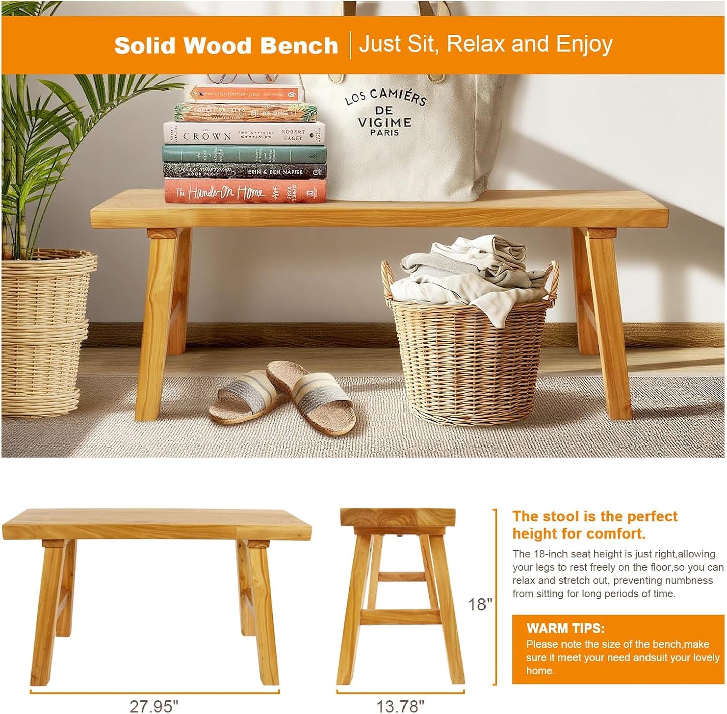 Farmhouse Solid Wood Bench: Long Rustic Indoor Narrow Wooden Bench for Entryway,Living Room, Dining Room,End of Bed,Hallway (47" Lx10 Wx18 H)
